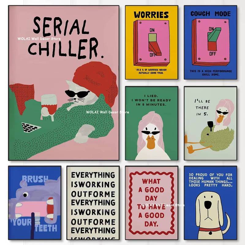 กันน้ํา Frameless ตลกแมวเป็ดสุนัขผ้าใบ Wall Art Sarcastic คําคมพิมพ์ตกแต่งบ้าน