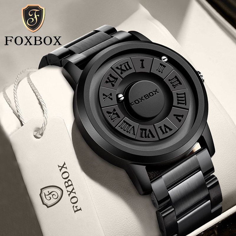 FOXBOX Man Watch LIGE ยี่ห้อ Creative สายสแตนเลสเลื่อนลูกปัดนาฬิกาควอตซ์สําหรับชาย Magnetic Force นา