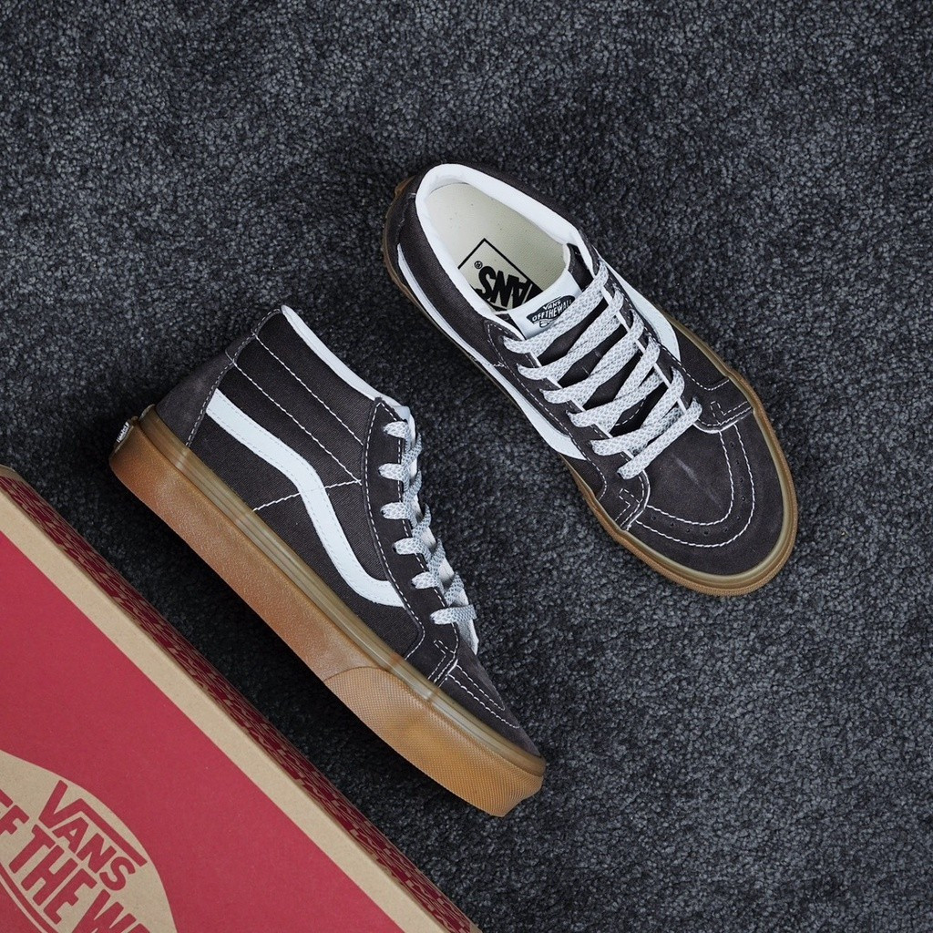 Vans SK8-Mid Brown Raw Rubber High-Top Casual รองเท้าผ้าใบ 1BHM