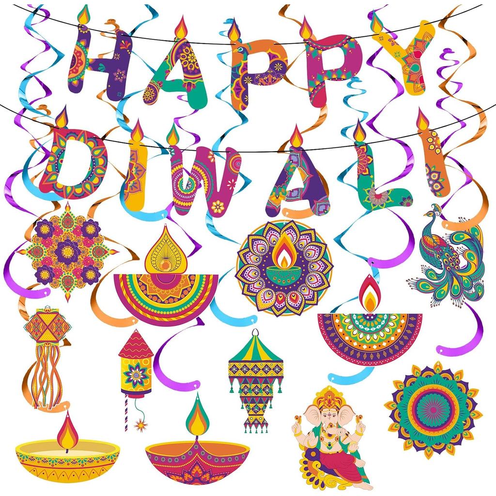 38 ชิ้น Diwali Party ตกแต่งสําหรับ Home Happy Diwali แบนเนอร์ Deepavali แขวน Swirls ชุดเทศกาลไฟ PART