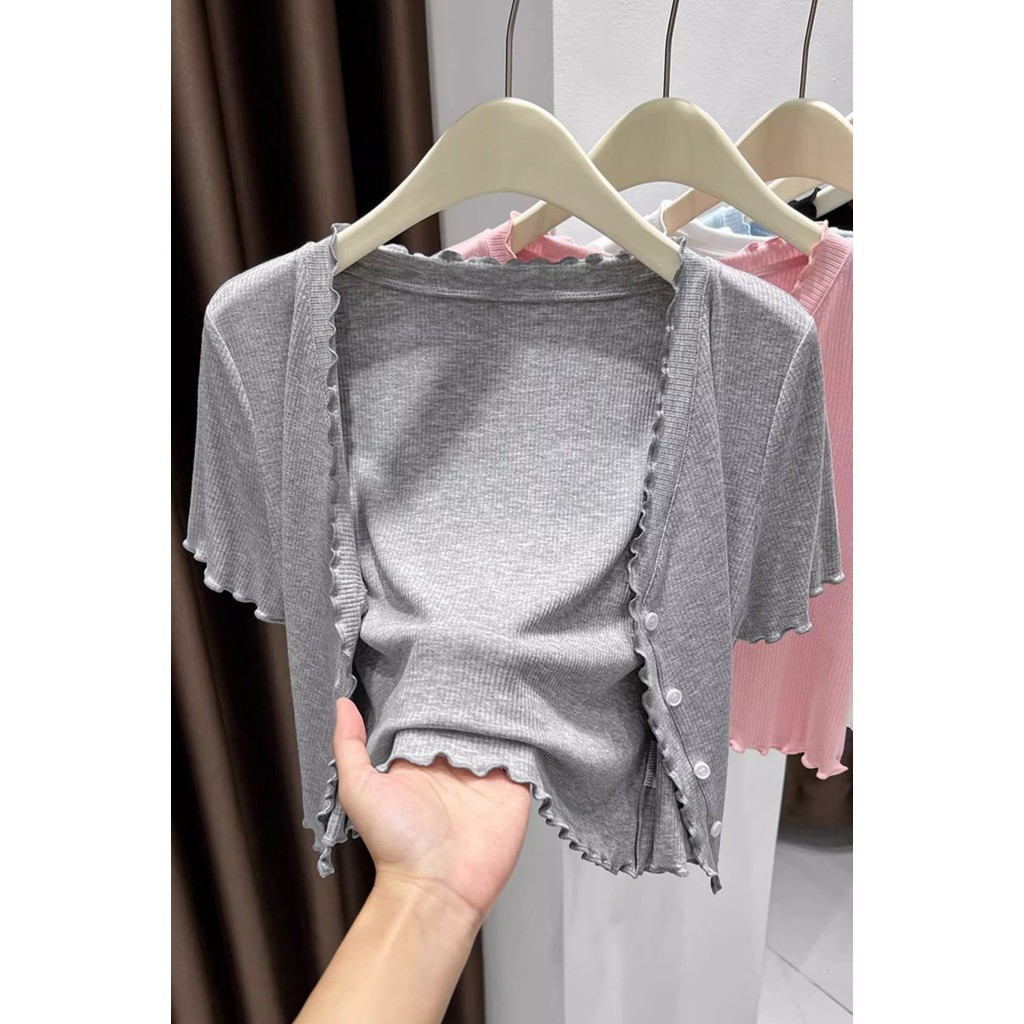 【聚优车品旗舰店】 灰色木耳边短袖开衫女夏天小外搭薄款针织防晒披肩罩衫配裙子外套Grey fungus edged short sleeved cardigan for women's summer 