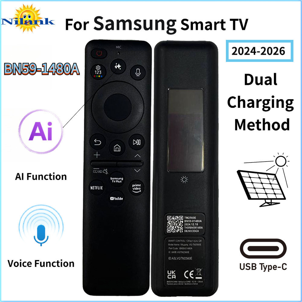 NiLANK Remote ควบคุมระยะไกลด้วยเสียง AI ชาร์จผ่าน USBโซลาร์สำหรับทีวีสมาร์ทของซัมซุงรุ่น BN59-01480A