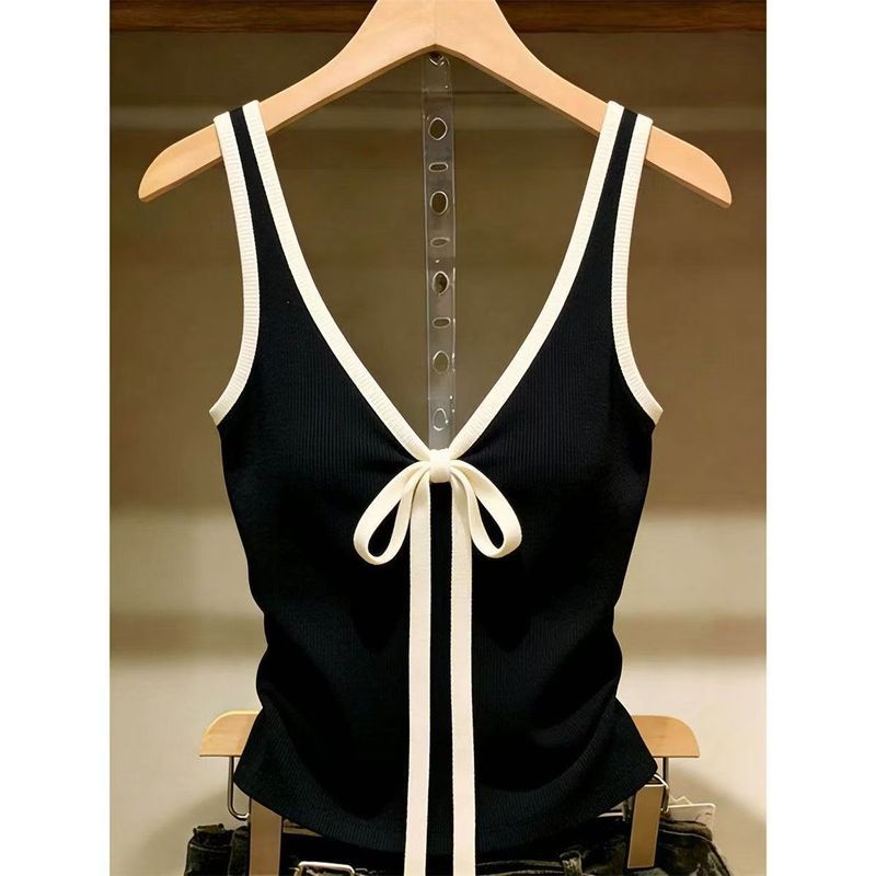 2026 การจับคู่สีสลิงฤดูร้อน 2026 Contrast Color Edge Bow Camisole Contrast สี Laced-Up แขนกุดลดอายุ Top