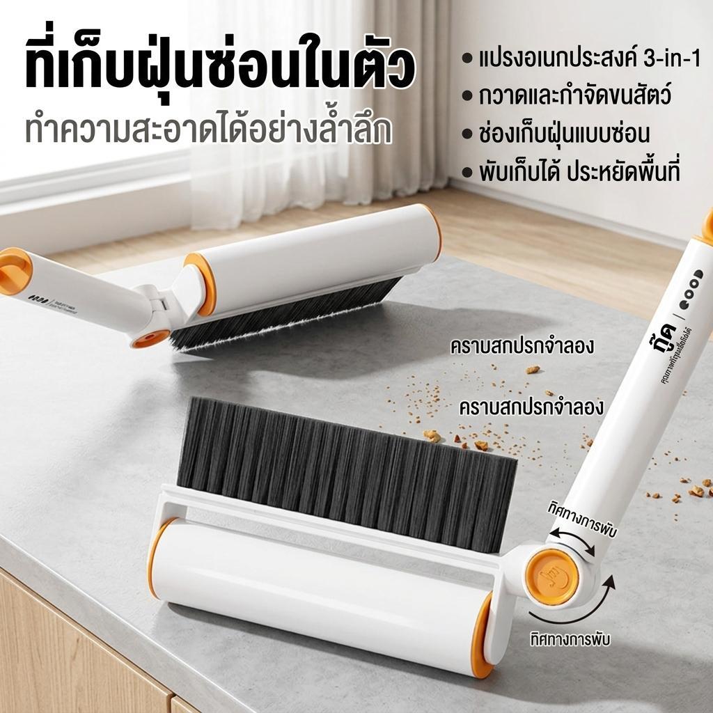 แปรงอเนกประสงค์พับได้ พร้อมถังเก็บฝุ่นซ่อนอยู่ภายใน ลูกกลิ้งกำจัดขน แปรงทำความสะอาดโซฟาและเตียง