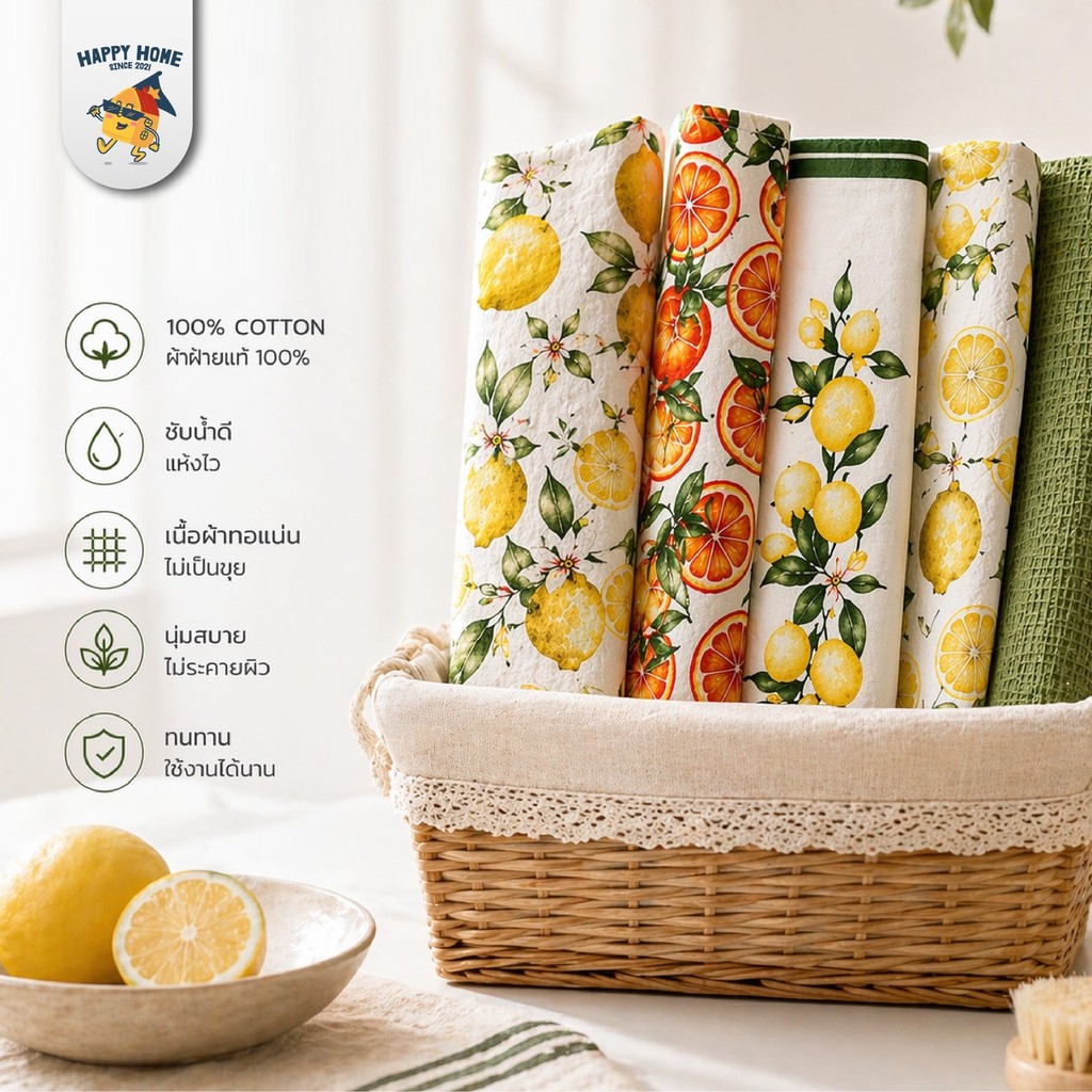 ผ้าเช็ดจานไมโครไฟเบอร์ รุ่น Italy ลายเลมอน | ซับน้ำไว แห้งเร็ว ไม่เป็นขุย Kitchen Towel Italy series