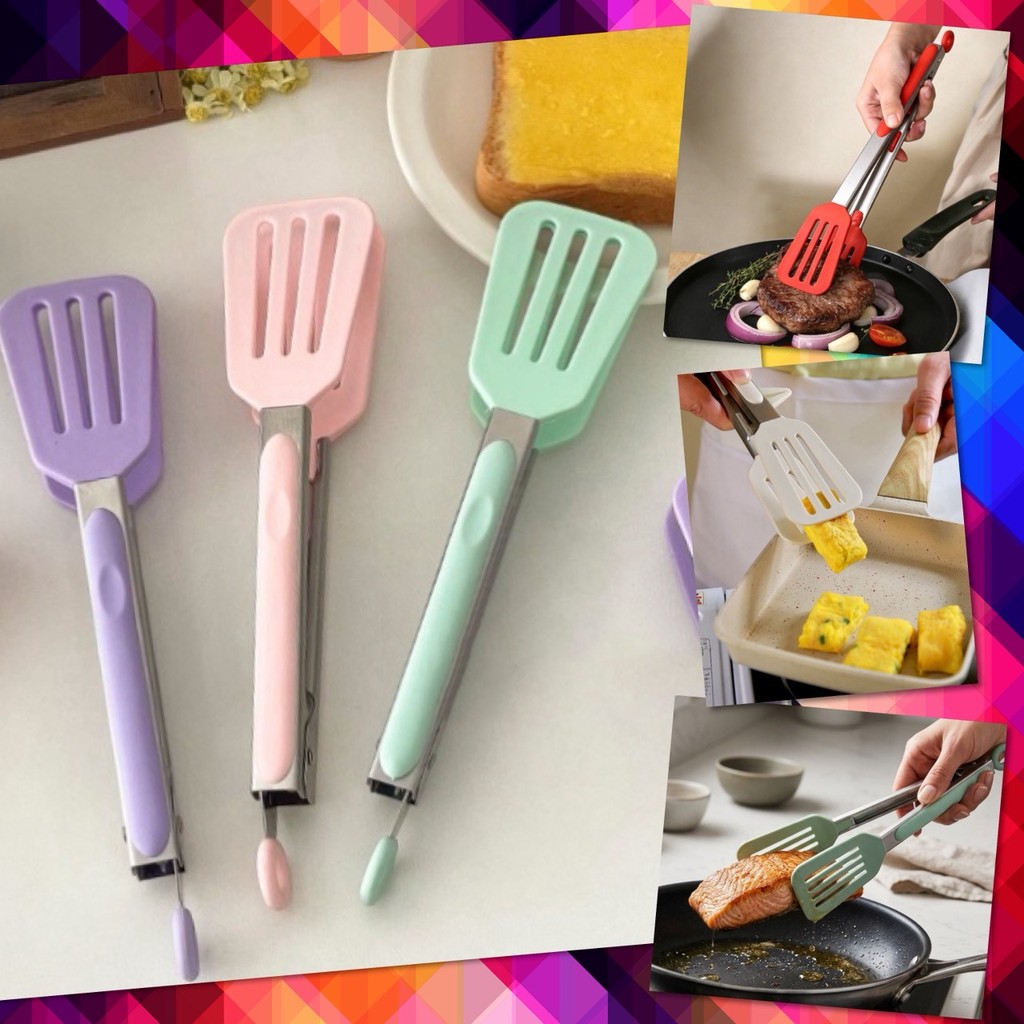 😋 ที่คีบ ซิลิโคน ที่คีบอาหาร ที่คีบขนม ผัก อุปกรณ์ครัว ทำอาหาร จับอาหาร ด้ามสแตนเลส ฟู้ดเกรด ทนความร้อนสูง สีพาสเทล 😋