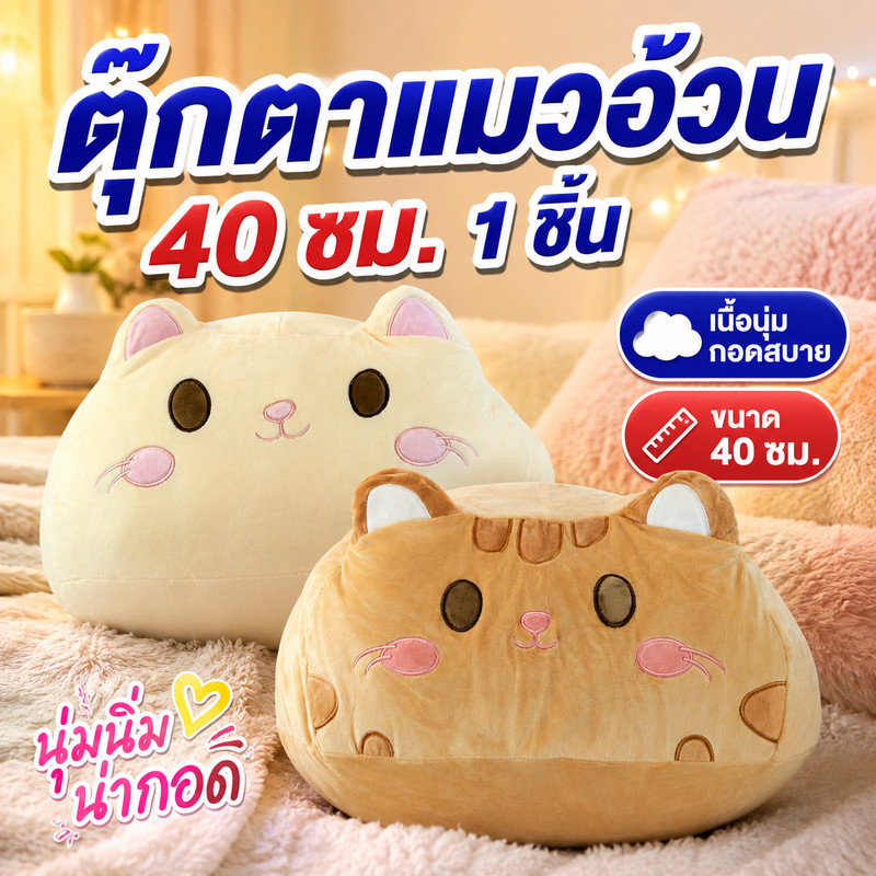 ตุ๊กตาแมว 40 ซม. (1 ชิ้น) ตุ๊กตากอดนุ่ม รูปแมวอ้วน สีส้ม/สีเหลือง