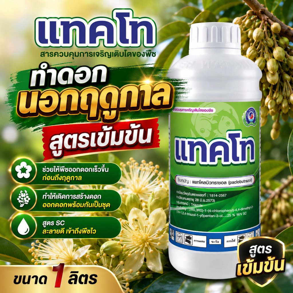 [1 ลิตร] แทคโท เทพวัฒนา ตราปลาคู่ l แพกโคลบิวทราซอล 25 ขนาด 1 ลิตร l แพคโค ทำดอกทุเรียน (ทำดอกนอกฤดู