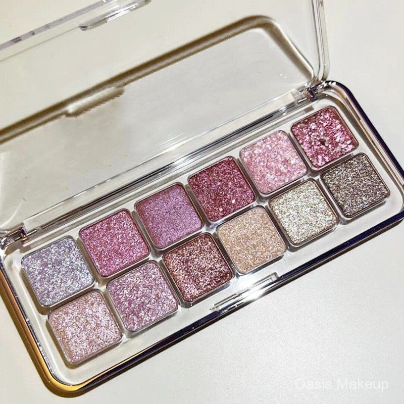 พาเลทอายแชโดว์ 12 สีชิมเมอร์ประกายมุก กลิตเตอร์ สีชมพู และเฉดสีไฮไลท์;ราคาไม่แพง