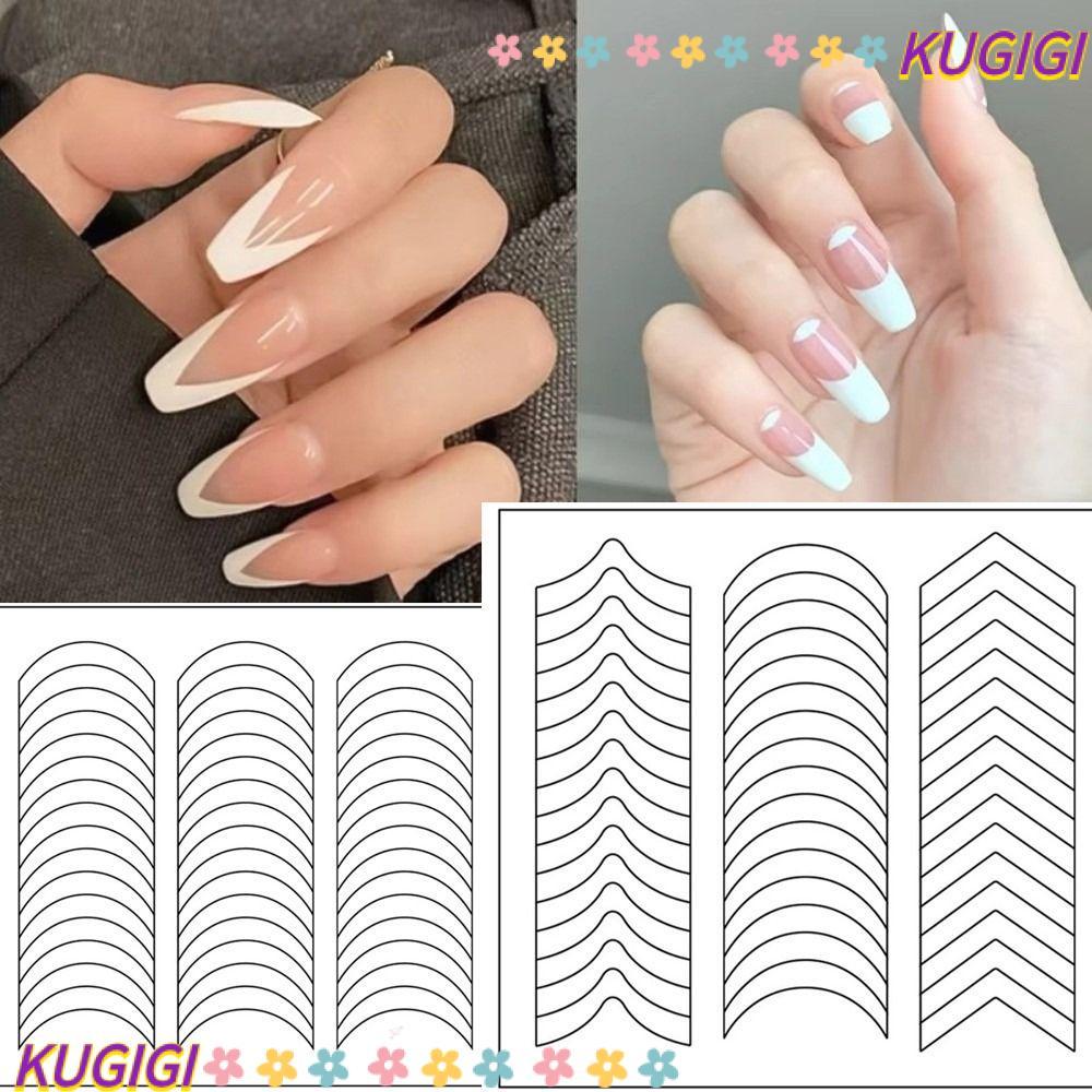 KUGIGI สติกเกอร์เล็บฝรั่งเศส, เคล็ดลับแถบรูปแบบ Fringe French Nails Strip, Professional สีขาว DIY ตกแต่ง Self-Adhesive คู่มือเล็บลายฉลุเครื่องมือ