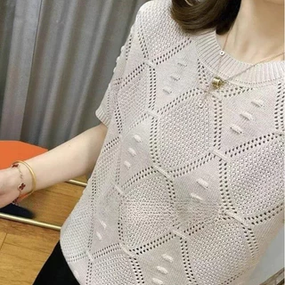 บาง เสื้อยืดแขนสั้นผู้หญิง 2026 ใหม่สไตล์เกาหลีของแม่สไตล์ตะวันตกฤดูร้อนผู้หญิงเสื้อถักหลวม