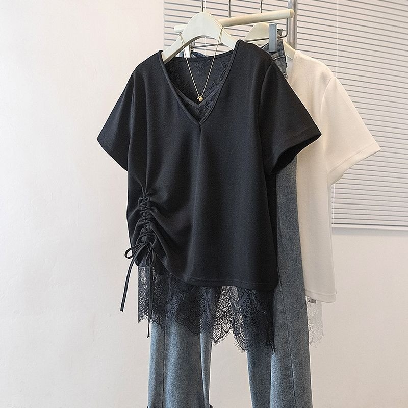 เสื้อยืดแขนสั้นเชือกรูดลูกไม้เวอร์ชั่นเกาหลีสําหรับผู้หญิงในฤดูใบไม้ผลิและฤดูร้อน ใหม่ แฟชั่นและลําลองทรงหลวมใส่แล้วดูผอมสําหรับผ