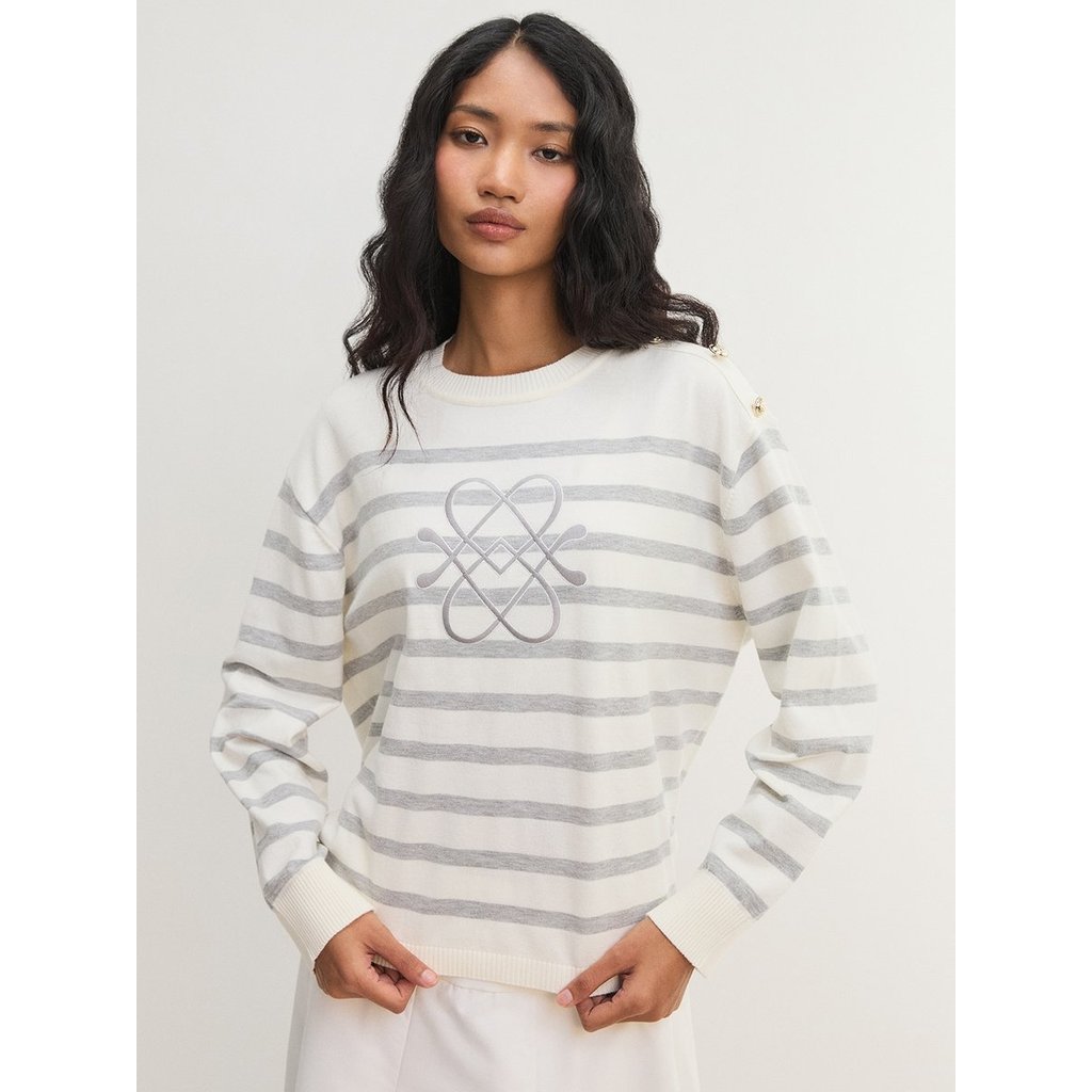 [Pomelo] เสื้อไหมพรมลายทางติดกระดุมที่ไหล่ / Striped Button Shoulder Knit Top