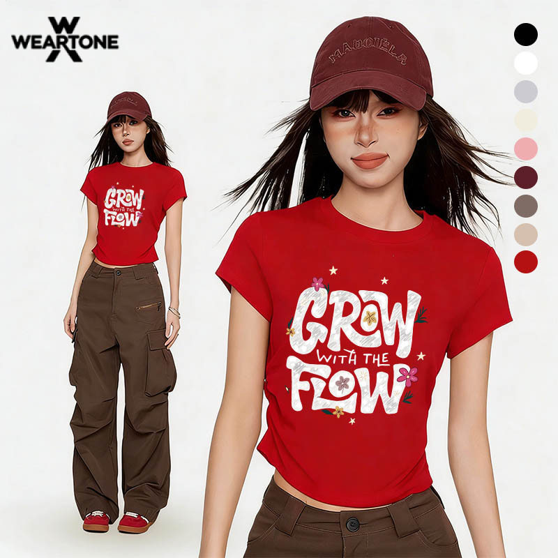 WEARTONE ครอป baby tee สลิมฟิต ใส่แล้วพรางหุ่น ผ้าCOTTON โคตรนุ่ม เสื้อครอป เสื้อยืดผู้หญิง "GROW FLOW"