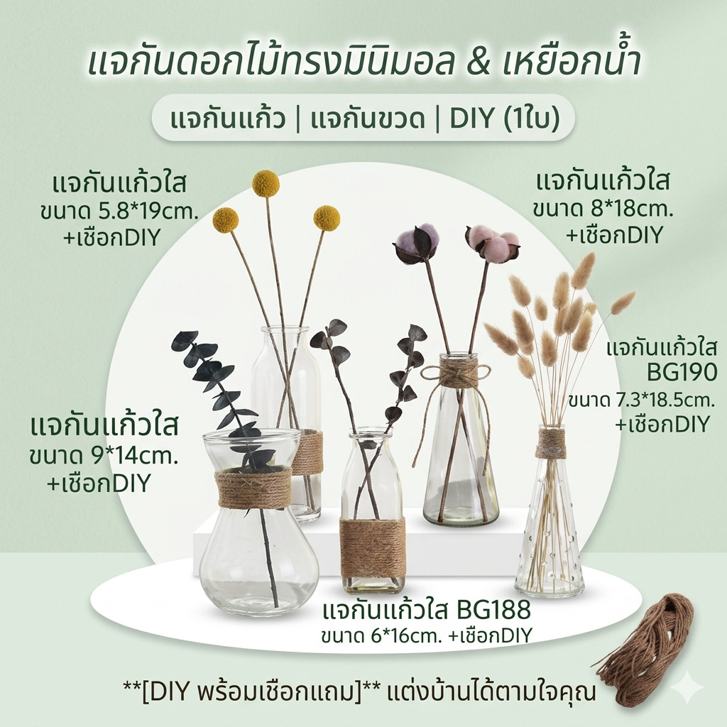 แจกันแก้วใส+เชือกDIY แจกันดอกไม้ แจกันทรงมินิมอล เหยือกน้ำ แจกันแก้ว แจกันขวด(1ใบ)
