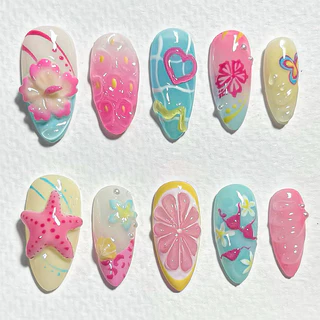 3D Sea Shell & Heart เล็บเจลมือวาดวันหยุดฤดูร้อนกดบนเล็บ