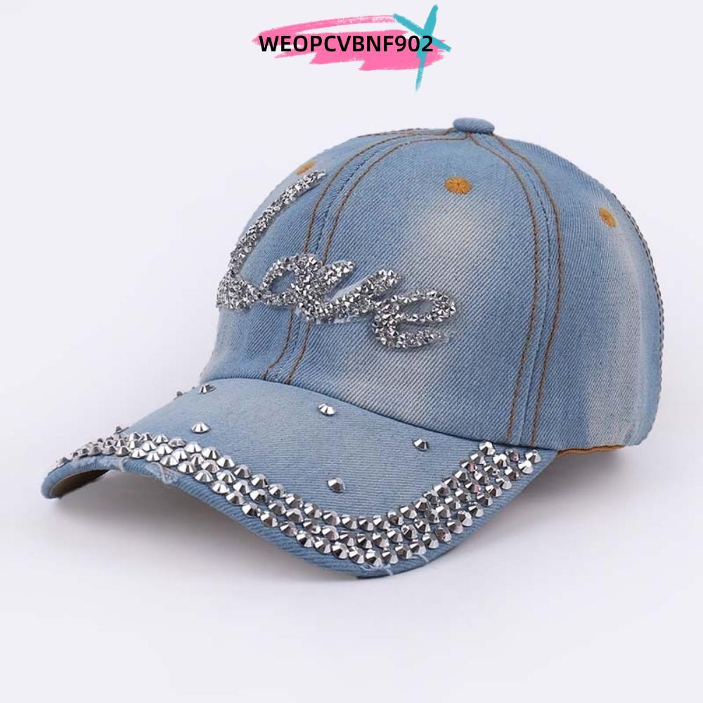 WEOPCVBNF902 หมวกเบสบอล, Rhinestone Letter Love ล้าง Denim หมวกบังแดด,ปรับ Casual Duckbill หมวก