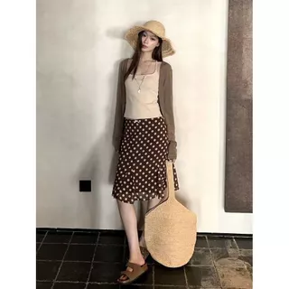 กระโปรงเอไลน์สั้นผู้หญิง ลายจุด PKA สีน้ำตาล แบบใหม่ trend ครอบคลุมทุกโอกาส