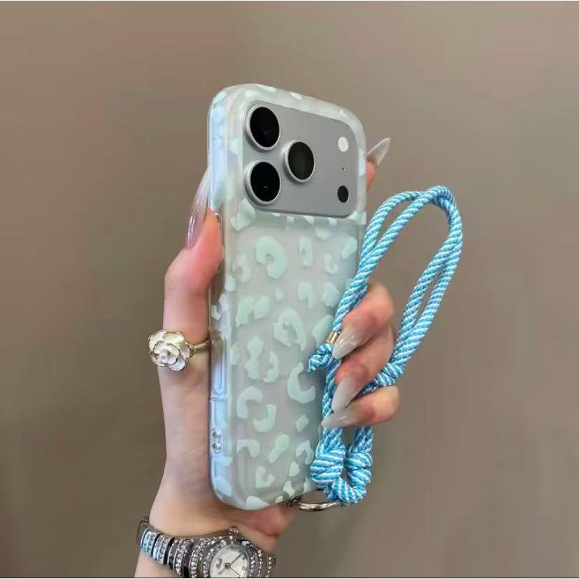 หรูหรา มีน้ําค้างแข็ง ใสพิมพ์เสือดาวสีฟ้ากับสร้อยข้อมือเคสโทรศัพท์เหมาะสําหรับ ไอโฟน 17 มือโปร สูงสุด 16 15 14 13 ปลอกกันกระแทกกล้องเลนส์ป้องกันอะคริลิปกหลัง