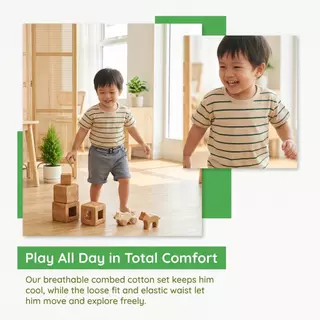 [Cotton Life]เสื้อยืดแขนสั้นลายทางเด็กผู้ชาย กางเกงลำลอง ใส่ไปโรงเรียน ออกไปเที่ยว