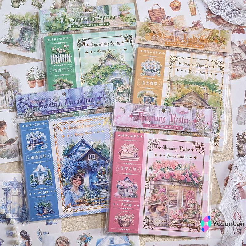 YosunLan] Garden Journal Stiers, 50 แผ่น Washi Junk Journaling Stier Book, อุปกรณ์สมุดภาพ, สมุดสีน้ํ