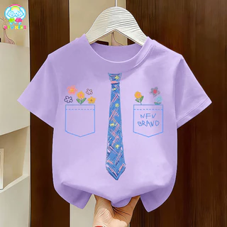 【ส่งจากกรุงเทพฯ】NFV KIDS เสื้อยืดแขนสั้นเด็ก✨ซึบซับเหงื่อ ระบายอากาศ ผ้าหนายับยากรีดง่าย ลายพิมพ์เนคไทสีน้ำเงิน YG1349