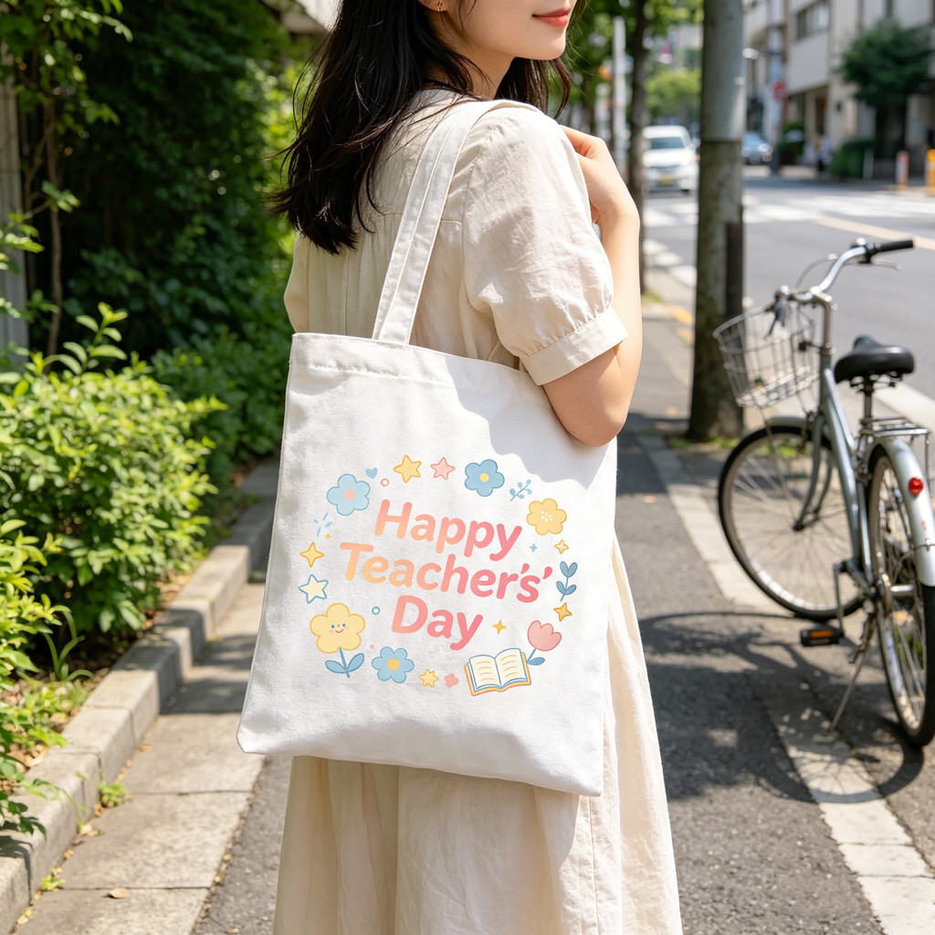 Beg Hari Guru / Teachers Day - Happy Teachers Day Floral & Book Canvas Tote Bag, Beg Canvas for Cikg