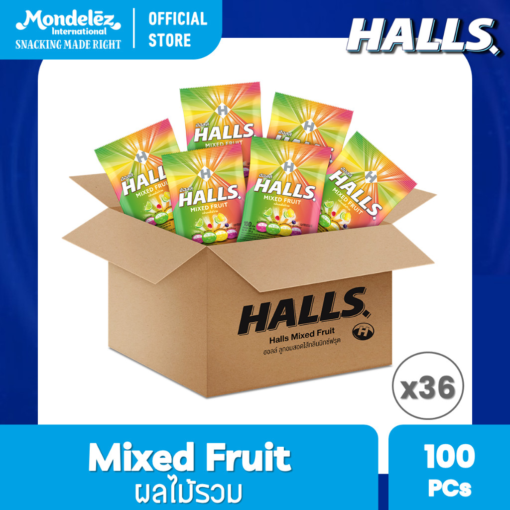 [ยกลัง 36 ถุง] Halls Mixed Fruit ฮอลล์ ลูกอมสอดไส้มิกซ์ฟรุต แบบถุง 100 เม็ด (280 กรัม)