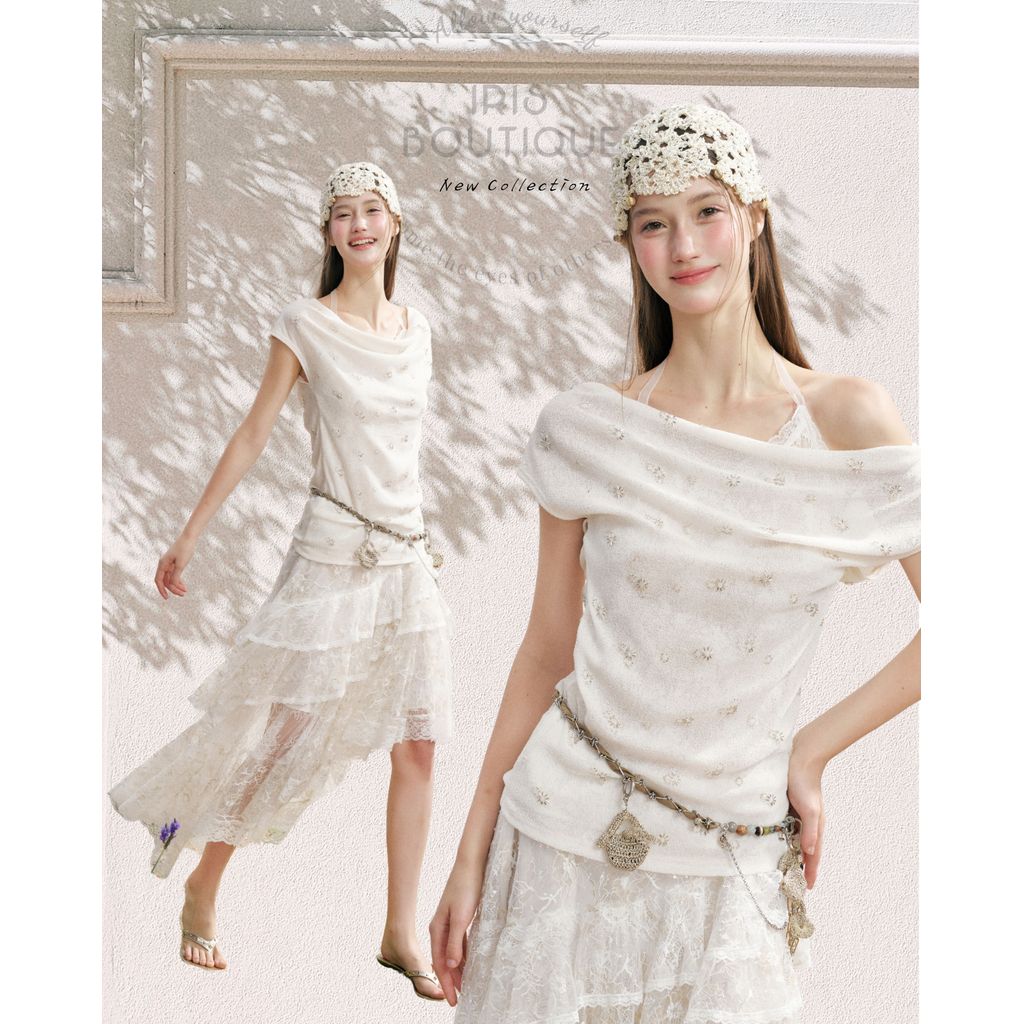Original Design IRIS BOUTIQUE Trims series summer IS19181-IK19177 Layer Off-Shoulder Top & Asymmetric Lace Skirt
