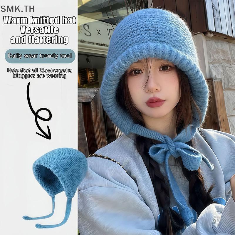 [SMK] หวานทําด้วยมือฤดูใบไม้ร่วงฤดูหนาวถัก Beanies หมวกขนสัตว์ป้องกันหูที่อบอุ่นหมวกWindproof sel Pu