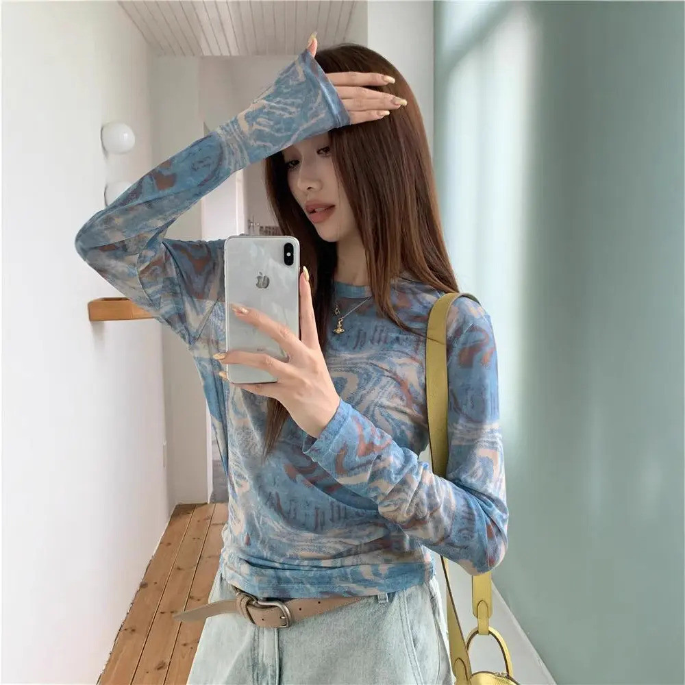 TH Retro Tie-Dye พิมพ์บางตาข่ายแขนยาวเสื้อยืด,สุภาพสตรีฤดูร้อนสไตล์ใหม่การออกแบบเฉพาะแฟชั่นด้านบน