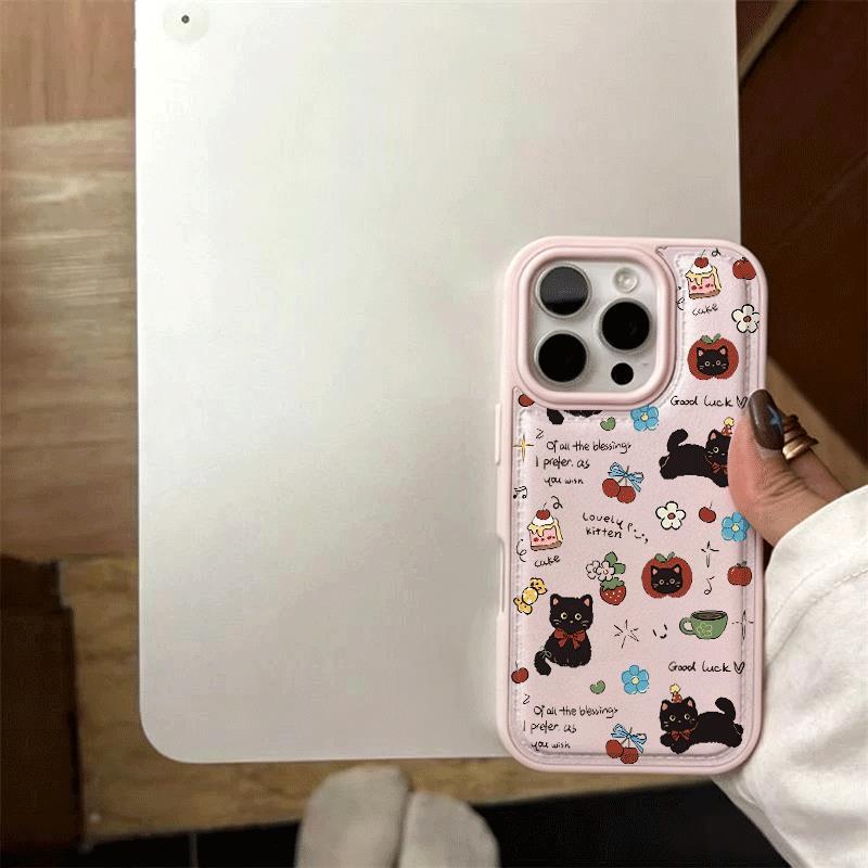 ชุดขนมแมวดําสําหรับเคส iPhone 17pro 15/14/13/12 เนื้อหนังเทียม