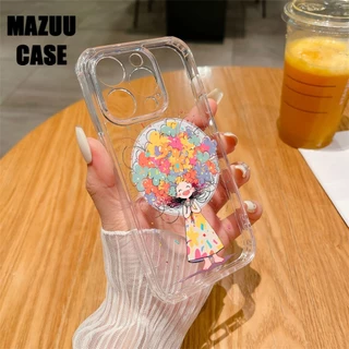 เคสไอโฟน แม่เหล็กใส TPU ครอบเลนส์เต็มตัว ลายเด็กสาวถือช่อดอกไม้สีสัน iPhone 17 16 15 14 13 12 11 Pro Max Plus