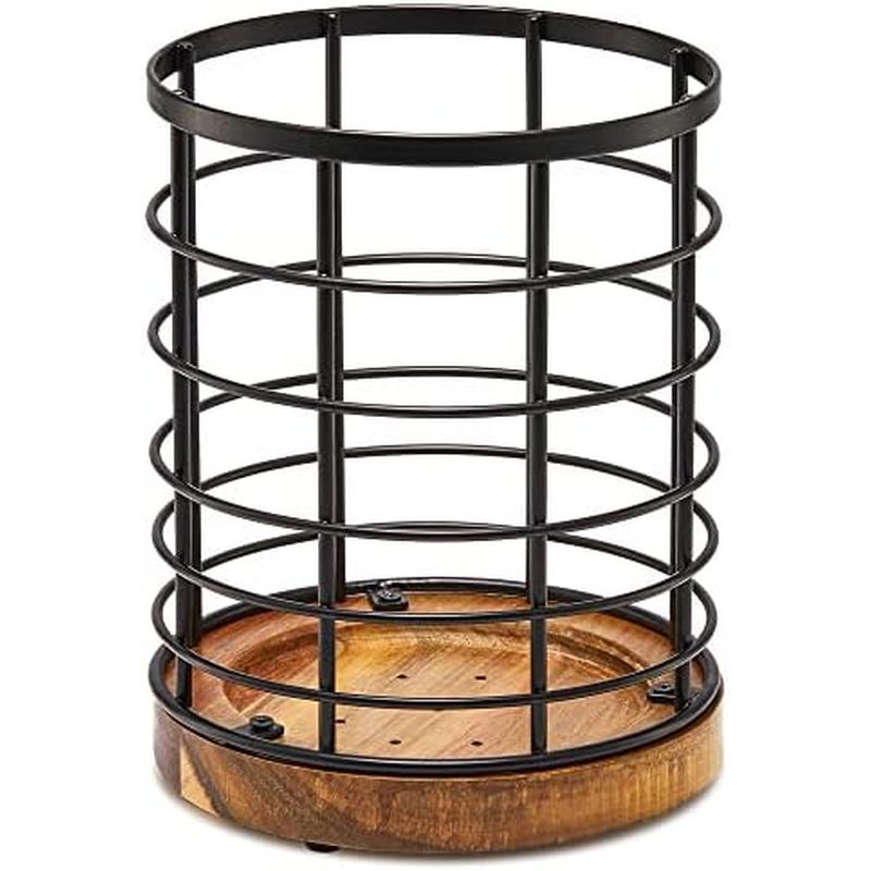 Utensil Holder for Kitchen Counter,Black Wire with Wooden Base Countertop Utensil Holder, Large Wood