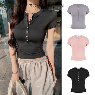 MOSESQUEEN มอสส์ ราชินี เสื้อยืดแขนสั้นติดกระดุมครึ่งคอปก -เสื้อกีฬาทรงเข้ารูปเฉพาะฤดูร้อนสําหรับผู้หญิง #63595