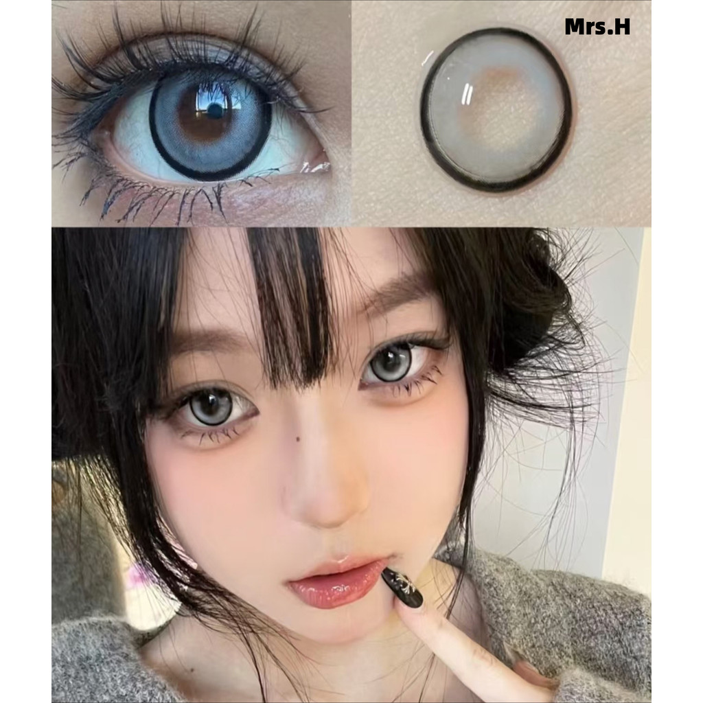 คอนแทคเลนส์ Mrs H Big Eye 14 5 มม. เส้นผ่านศูนย์กลาง Semi Annual 2 ชิ้นสีเทาสีน้ําตาลฟรีเคสเลนส์