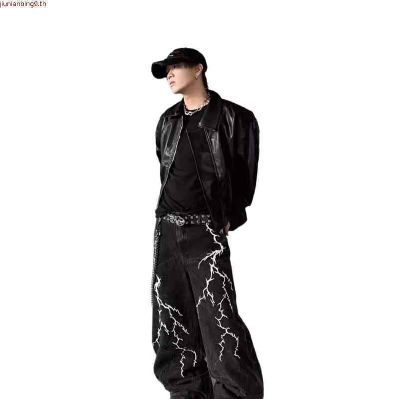 VELA-กางเกงยีนส์สีดำผู้ชาย ทรงหลวม ขากว้าง  สไตล์อเมริกัน baggy jeans