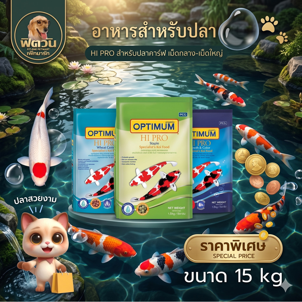 CP Hi Pro อาหารปลาคาร์ฟออพติมั่ม 3 สูตร เม็ด S,M,L ขนาด 15 กิโลกรัม{อาหารปลา}