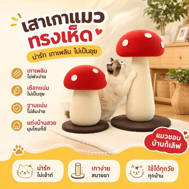 ที่ลับเล็บแมว เสาปีนแมว รูปเห็ด คอนโดแมว เชือกป่าน ผ้าสักหลาด ทนขีดข่วน ฐานมั่นคง ของเล่นแมว