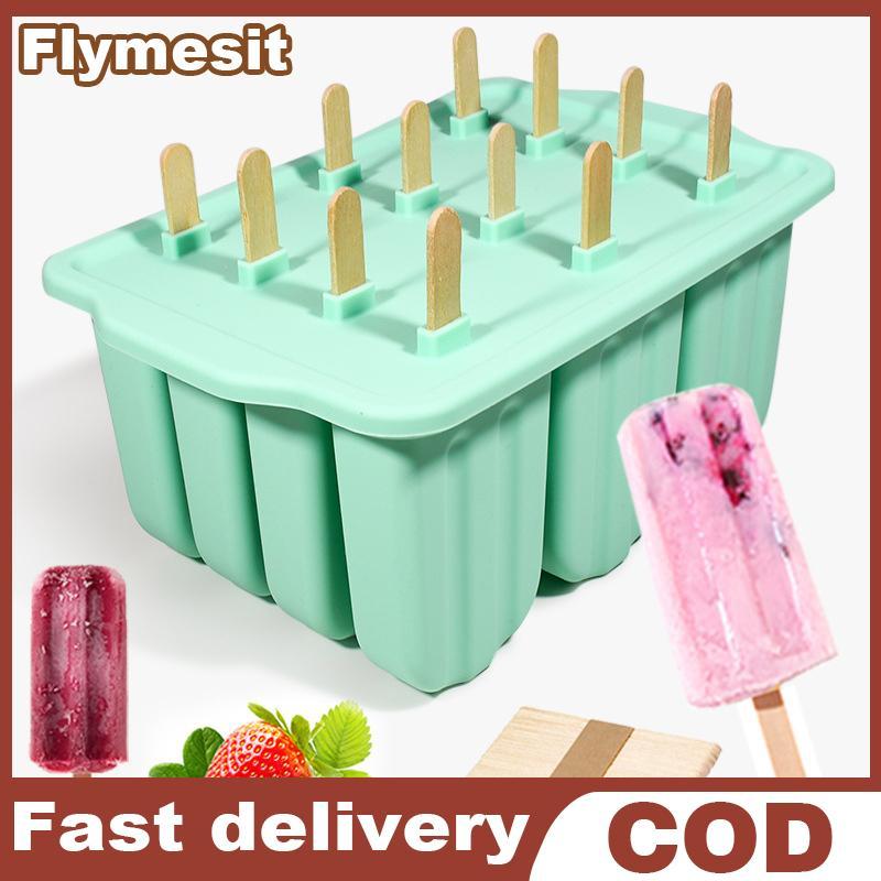 Flymesit 12 แม่พิมพ์ไอศกรีมหั่นง่าย Demold ซิลิโคน Popsicle ถาดสําหรับตู้แช่แข็งโฮมเมด ICE Cube พร้อมฝาปิดห้องครัวขนมหวาน EN