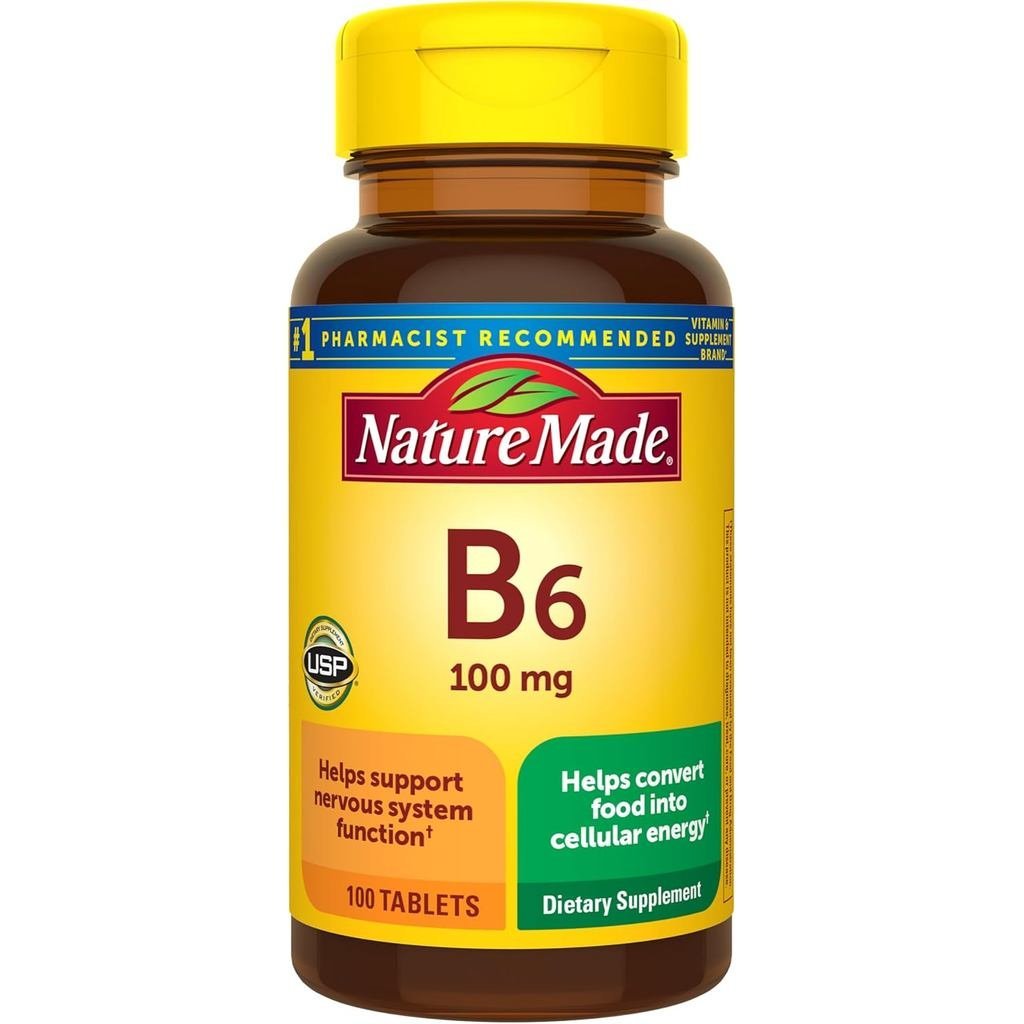 Nature Made วิตามิน B6 100mg, B6 วิตามินสําหรับพอร์ตการเผาผลาญพลังงาน, 100 เม็ด, ply 100 วัน