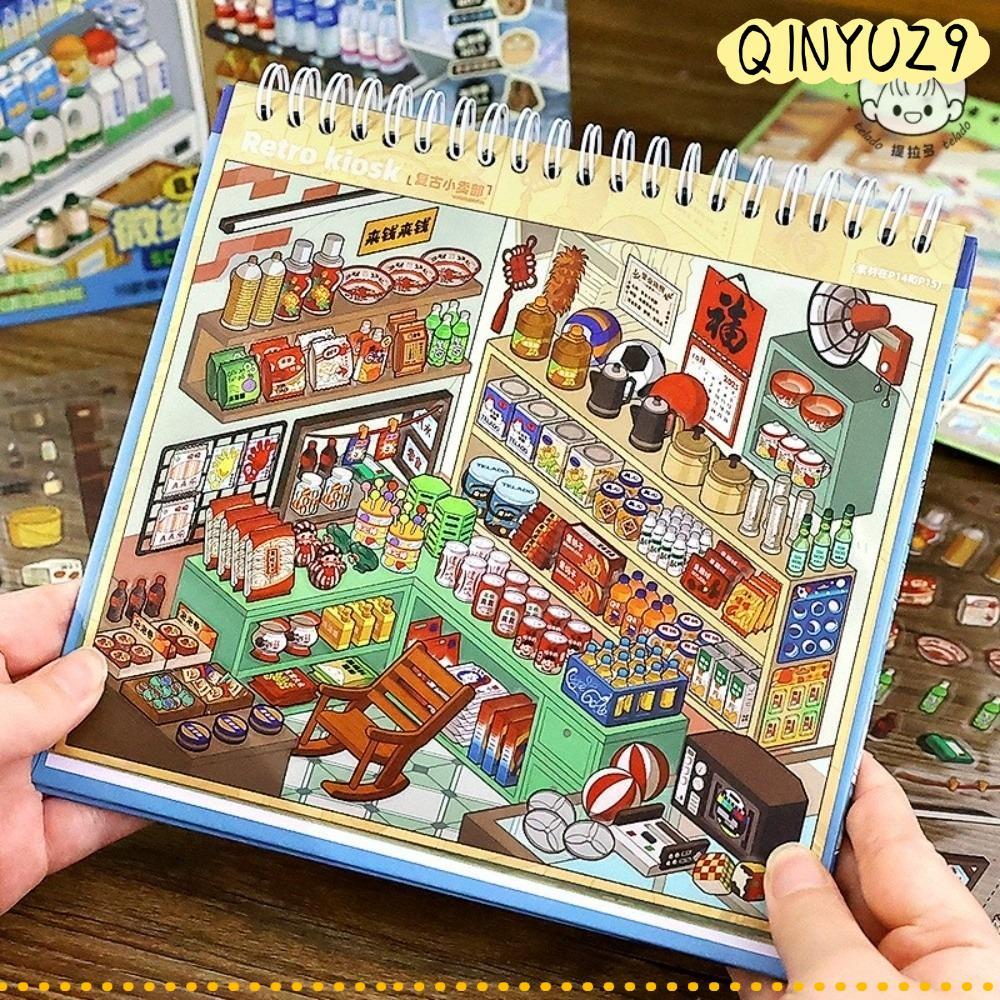 QINYUZ9QX สติ๊กเกอร์ทิวทัศน์ ขนาดใหญ่ 10 ฉาก 33 แผ่น Shop Scene Sticker, PET Cute Miniature Scene St
