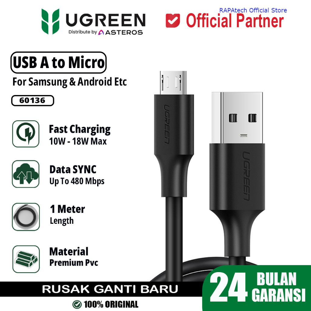 UGREEN Micro USB Fast Charging Data Cable 18W Premium PVC US289 60136 ของแท้