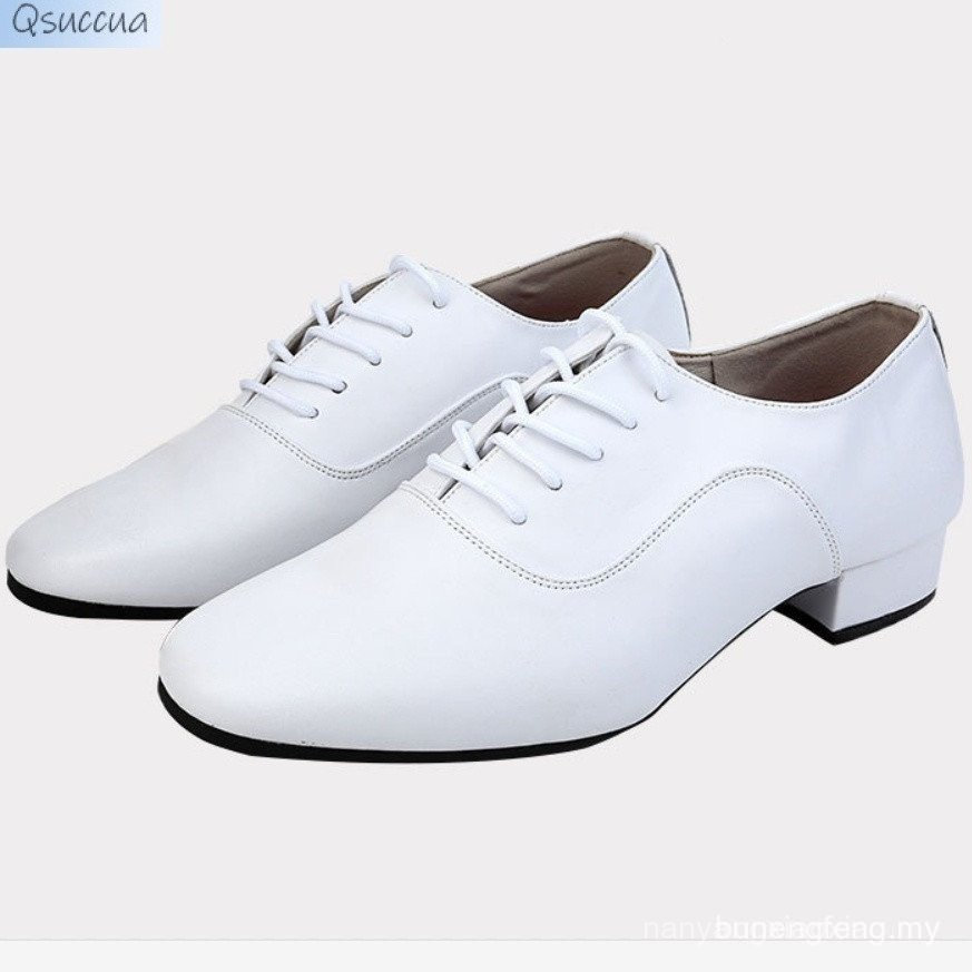Qsuccua ผู้ใหญ่ผู้ชาย Latin Ballroom Dance Cowhide Soft-soled Low- Heel การออกกําลังกายเต้นรํารองเท้