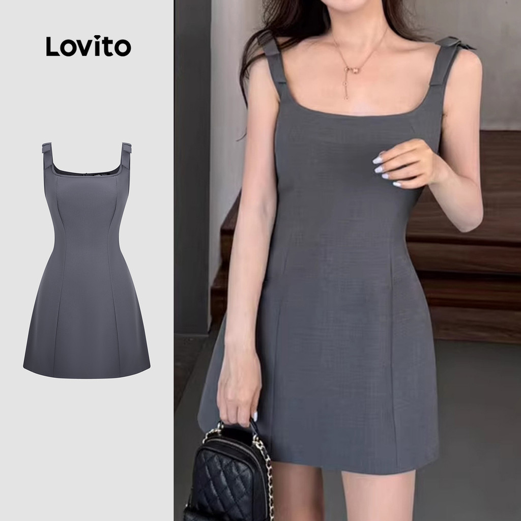 Lovito  เดรสสีเทาเรียบง่ายสําหรับฤดูใบไม้ผลิและฤดูร้อนสําหรับผู้หญิง LK3AD362 ราคา ถูกที่สุด ดีลบีเคเค