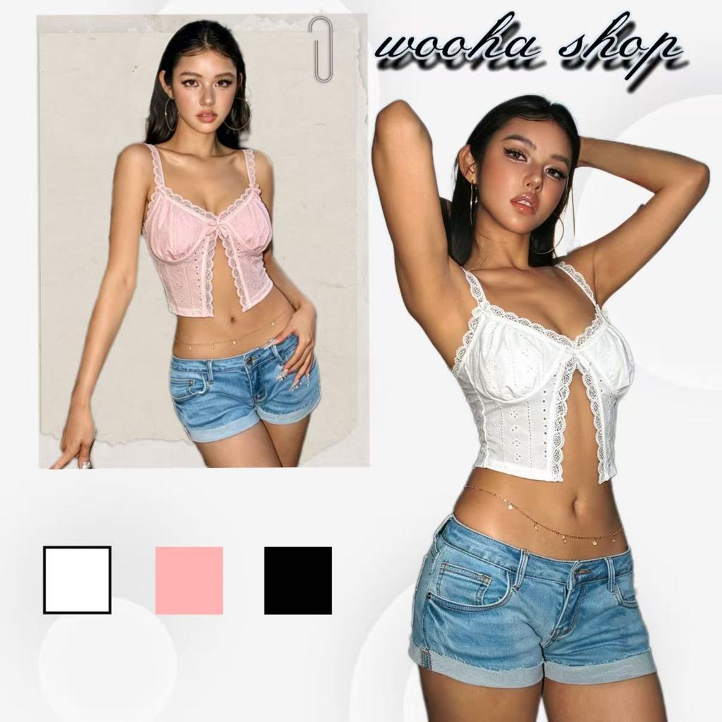 wooha shop เสื้อครอปแขนกุดผ้าลูกไม้ สไตล์ใหม่สำหรับฤดูร้อน เสื้อแขนกุดเปิดหลังสำหรับใส่ไปข้างนอก