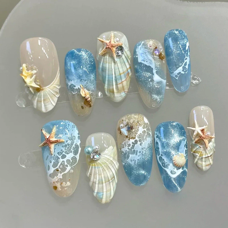 3D Sea Shell & Heart เล็บเจลมือวาดวันหยุดฤดูร้อนกดบนเล็บ