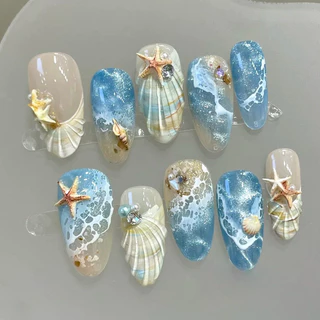 3D Sea Shell & Heart เล็บเจลมือวาดวันหยุดฤดูร้อนกดบนเล็บ