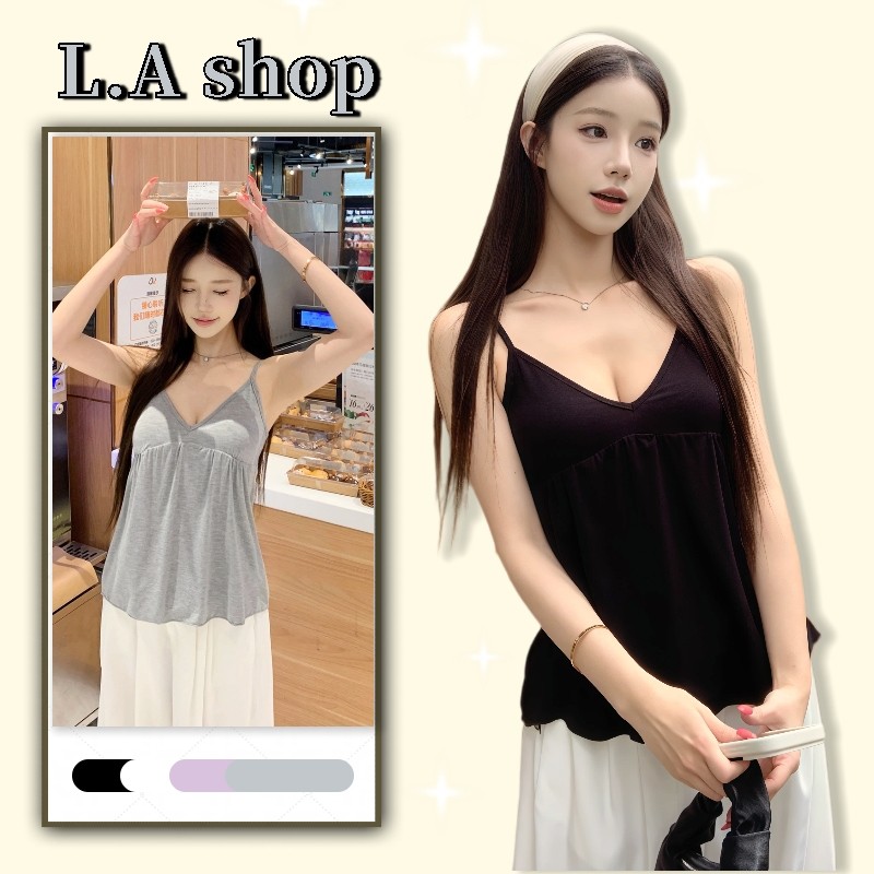 L.A Shop★พร้อมส่ง เสื้อกล้ามสายเดี่ยวคอวี สไตล์เกาหลี สีพื้น เนื้อผ้านุ่มและสบาย -FY2057