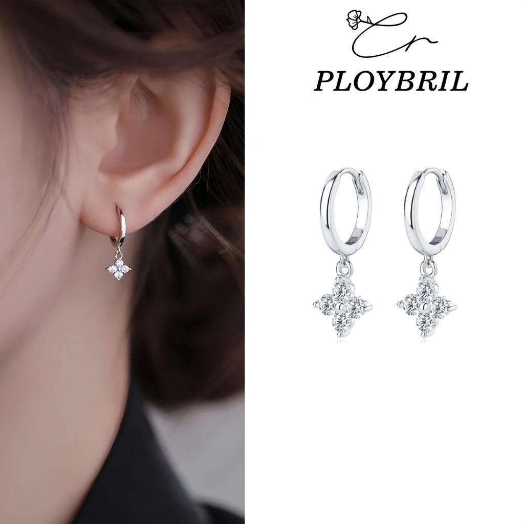 PLOYBRIL ต่างหูห่วงเงิน925 จี้โคลเวอร์เพชร🍀 วิ้งน่ารัก เก๋กรุบแบบติดแกรม E072